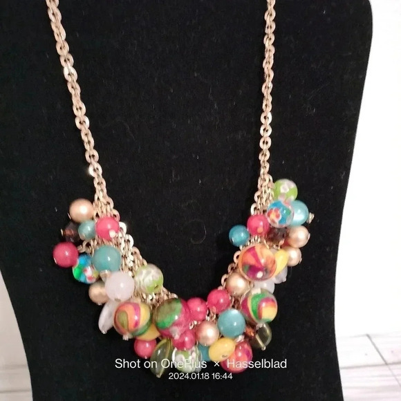 Colorful Multiple Glass Bead Ball Gold Tone Statement Fashion Necklace Cluster - Picture 2 of 9